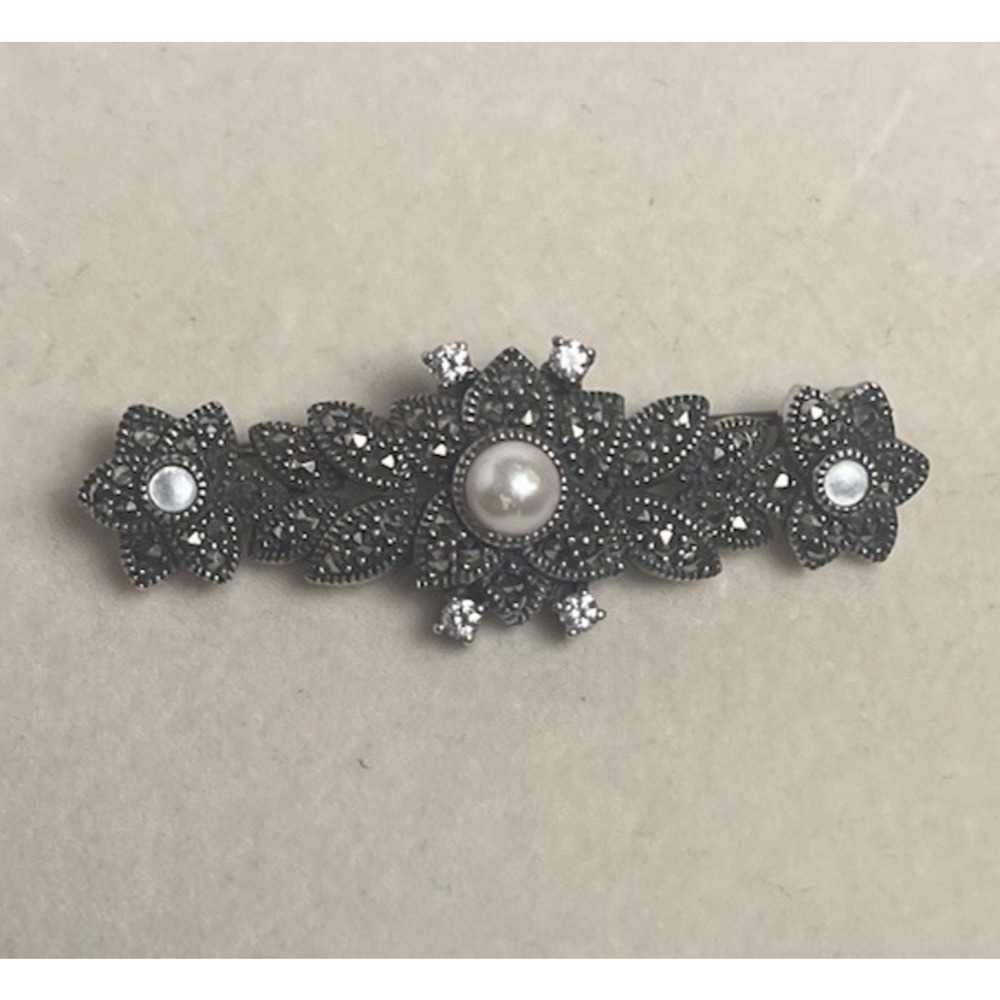 Judith Jack JJ Sterling Silver Marcasite Brooch Pin Pendant Clear Stones Pearl